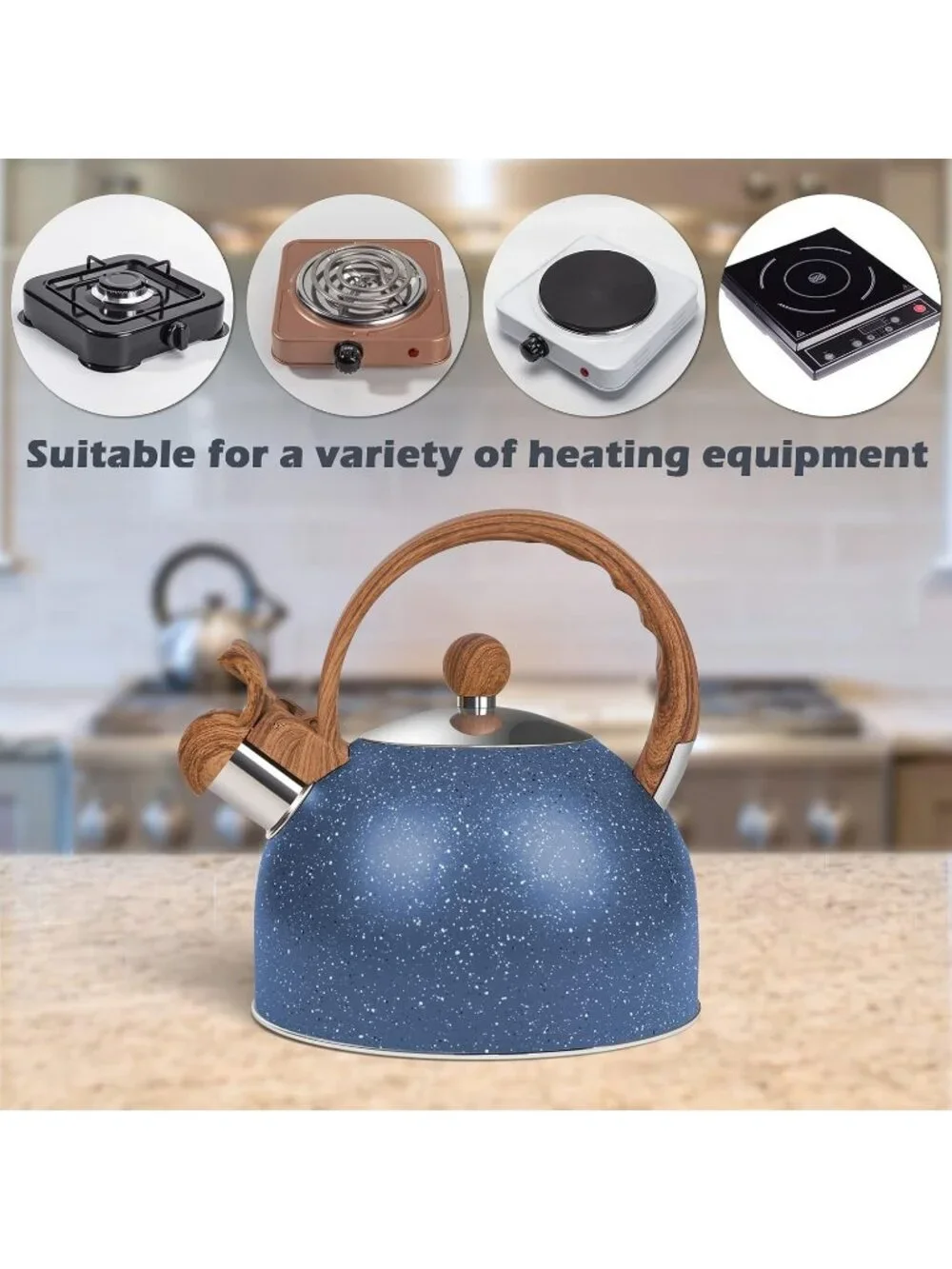 Blue Kitchen Whistling Tea Kettle  2.6 Quart Stainless Steel Stovetops Stovetops